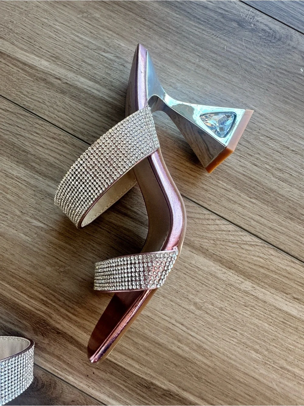 Crystal-Embellished Rose Pink Metallic Block Heel Sandals Brand New w/ Box